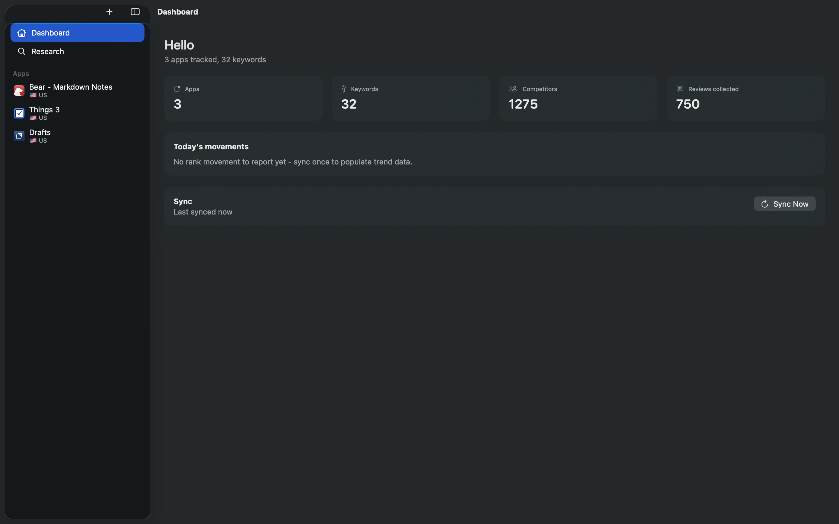 Orbion dashboard showing three tracked apps and aggregate stats