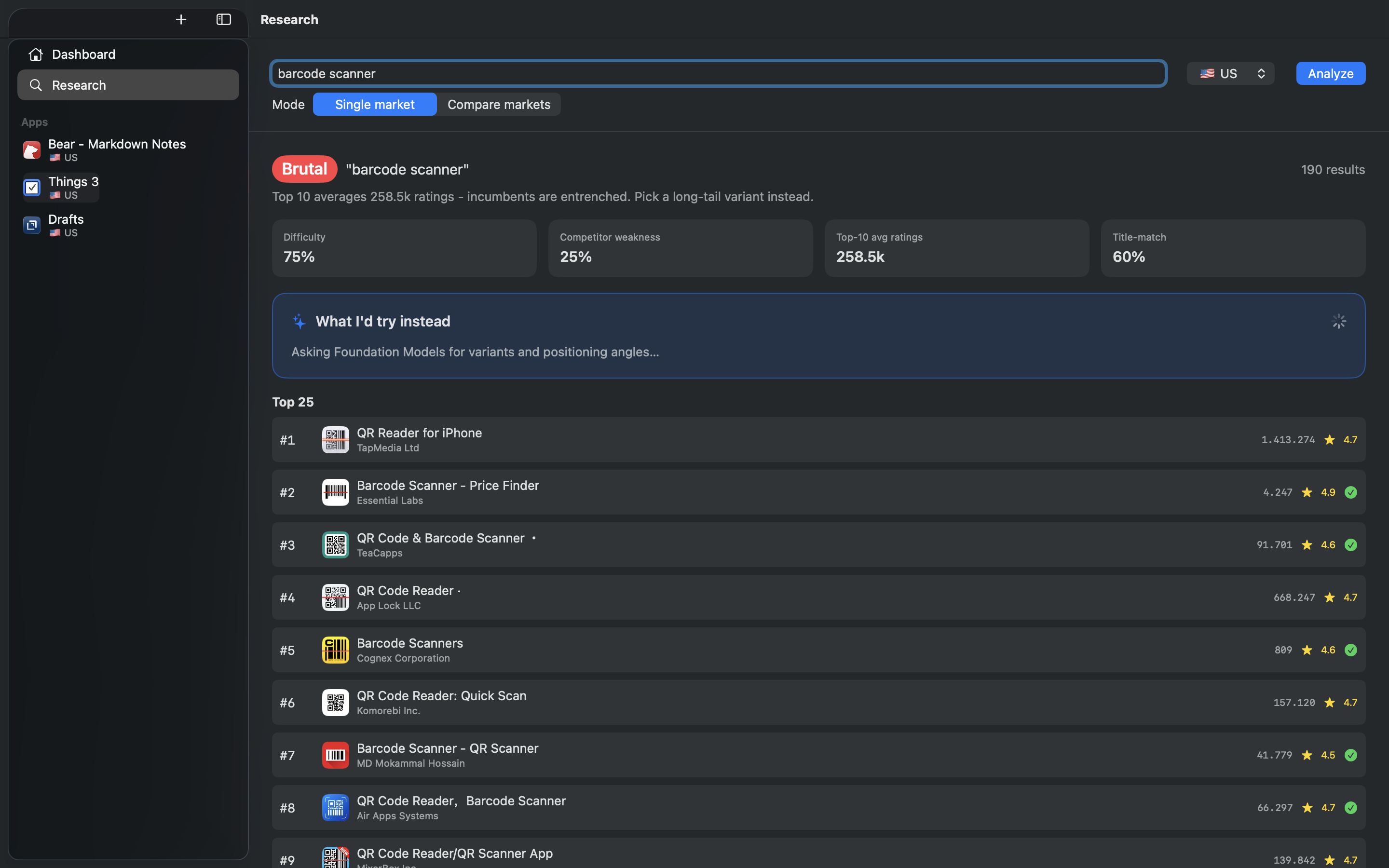 Research view with a 'brutal' verdict on 'barcode scanner' and the top-25 SERP