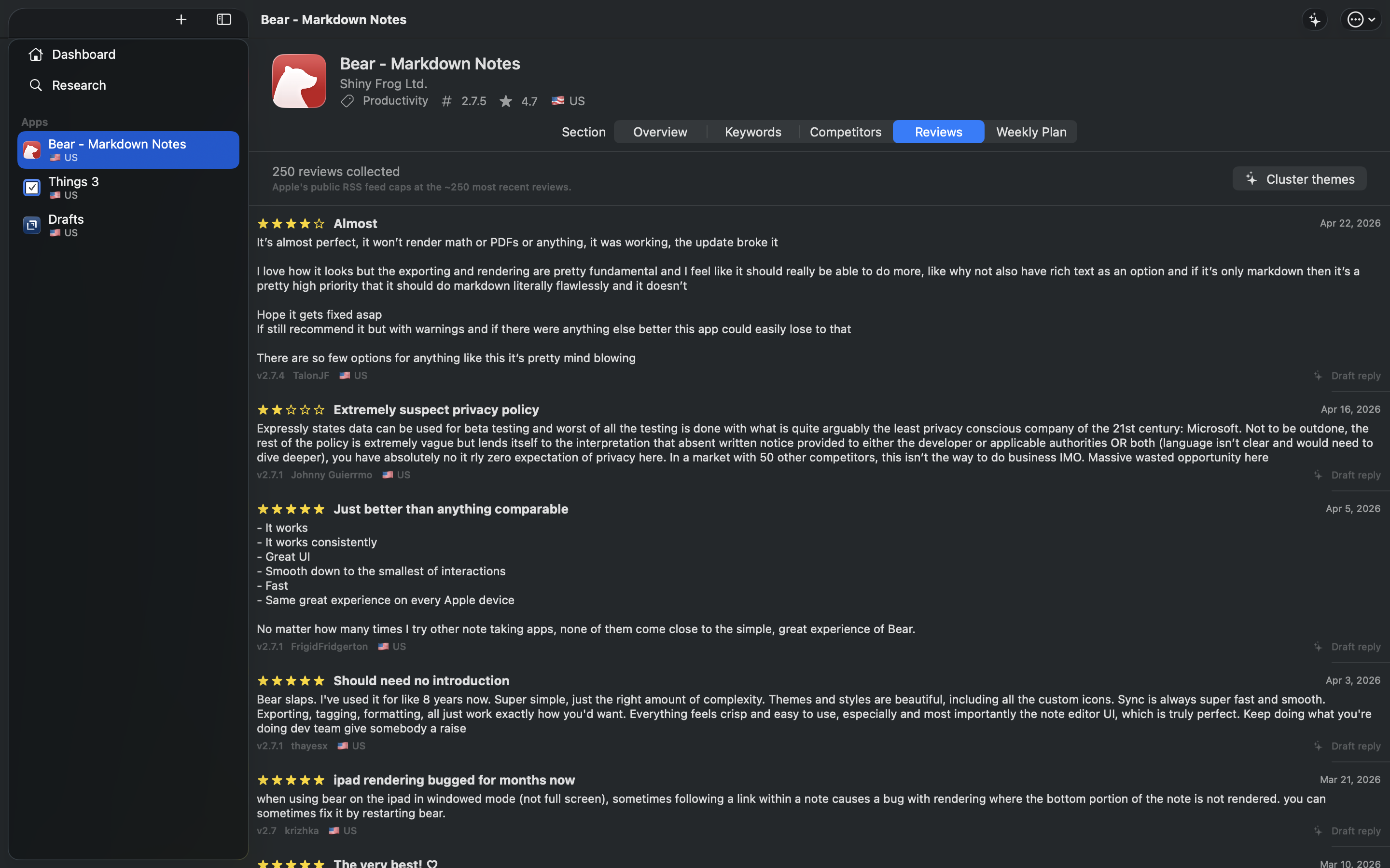 Reviews tab with star ratings, dates, and FM-clustered themes