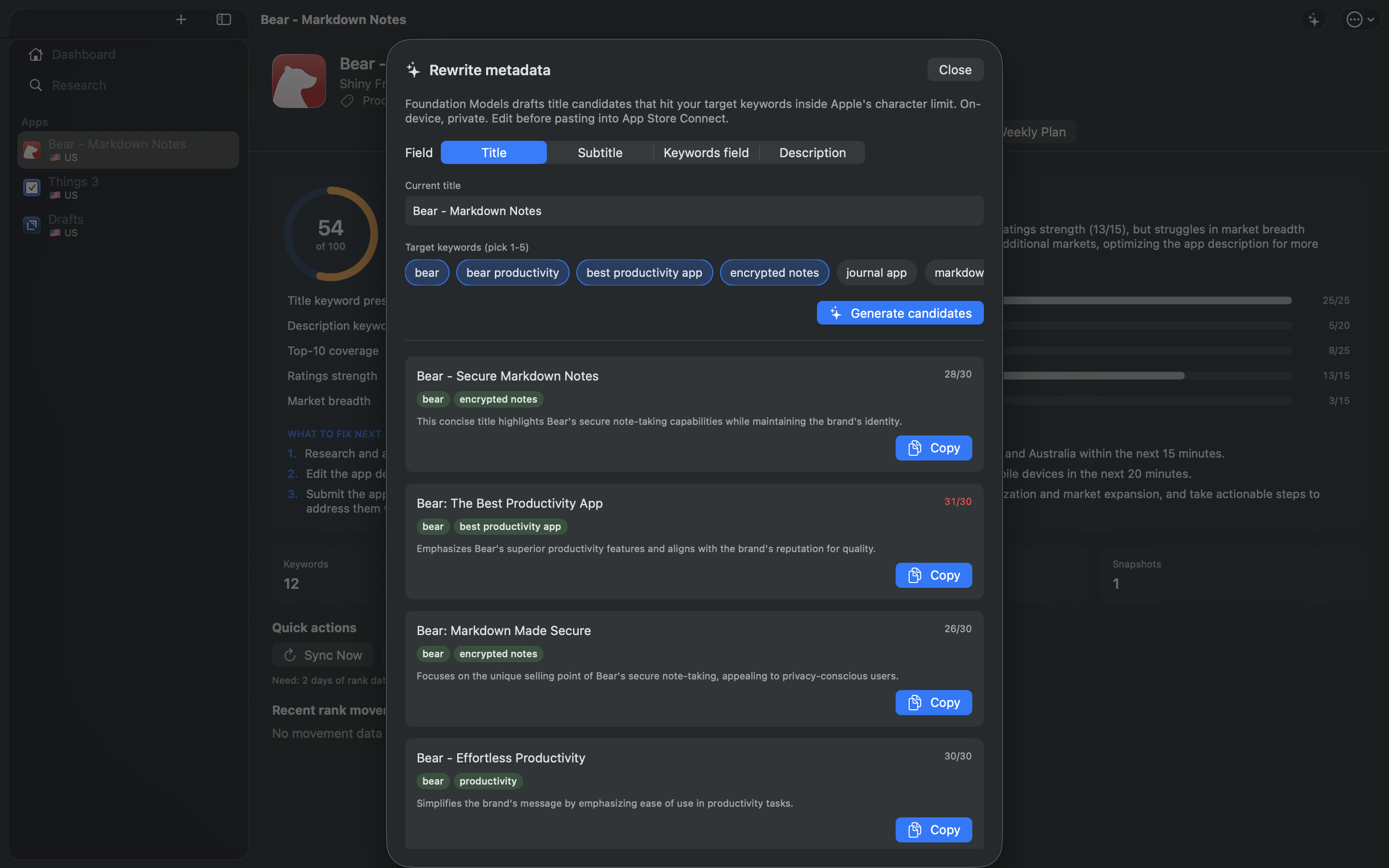 Metadata rewriter sheet showing four candidate titles with character counts and Copy buttons